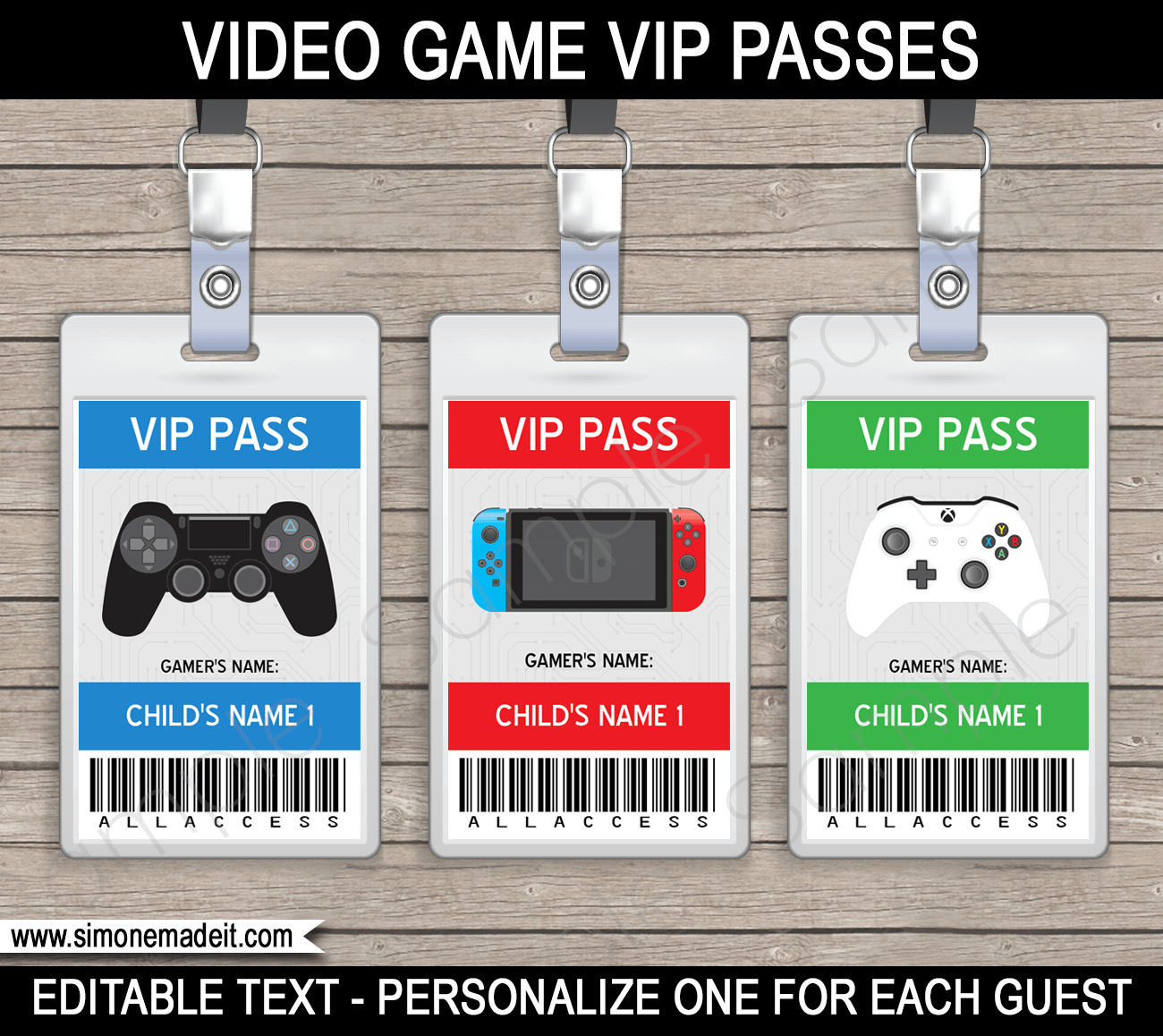 Video Game Theme Birthday Party VIP Passes - Playstation Party Invitation, Nintendo Switch Party Invitation & Xbox Party Invitation - Editable & Printable DIY Templates - Instant download via simonemadeit.com