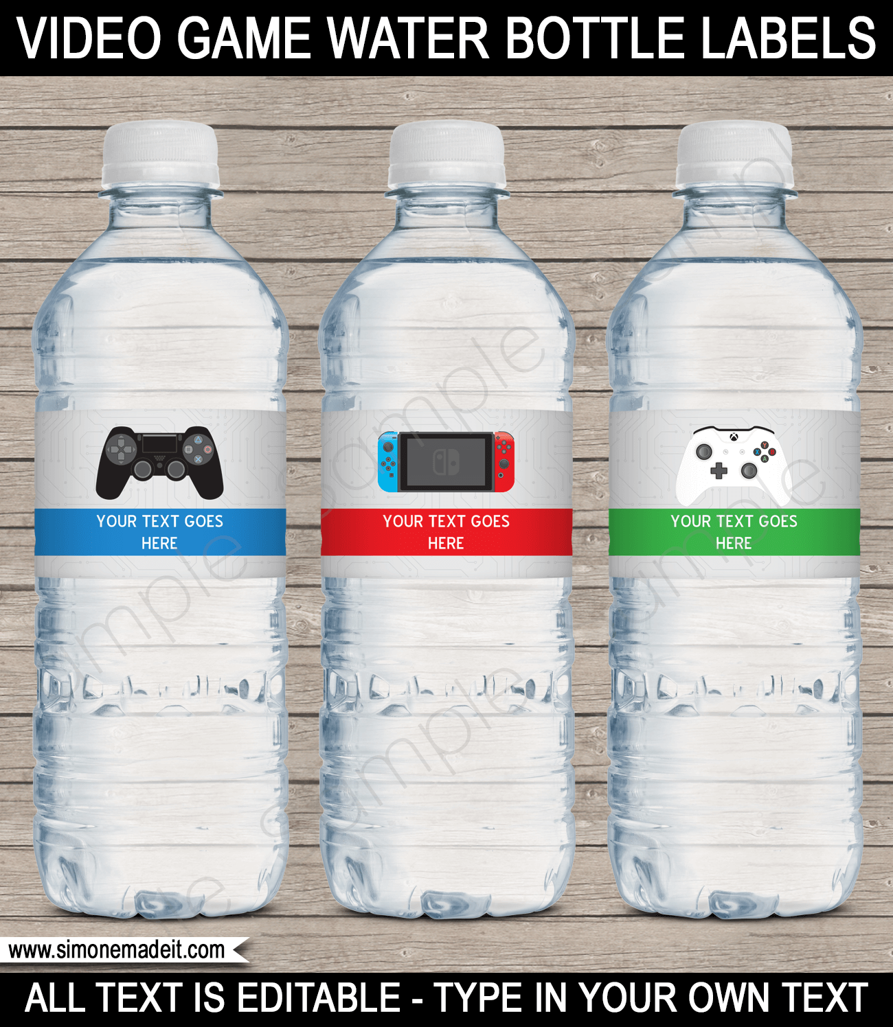Video Game Theme Birthday Party Water Bottle Labels - Playstation Party Invitation, Nintendo Switch Party Invitation & Xbox Party Invitation - Editable & Printable DIY Templates - Instant download via simonemadeit.com