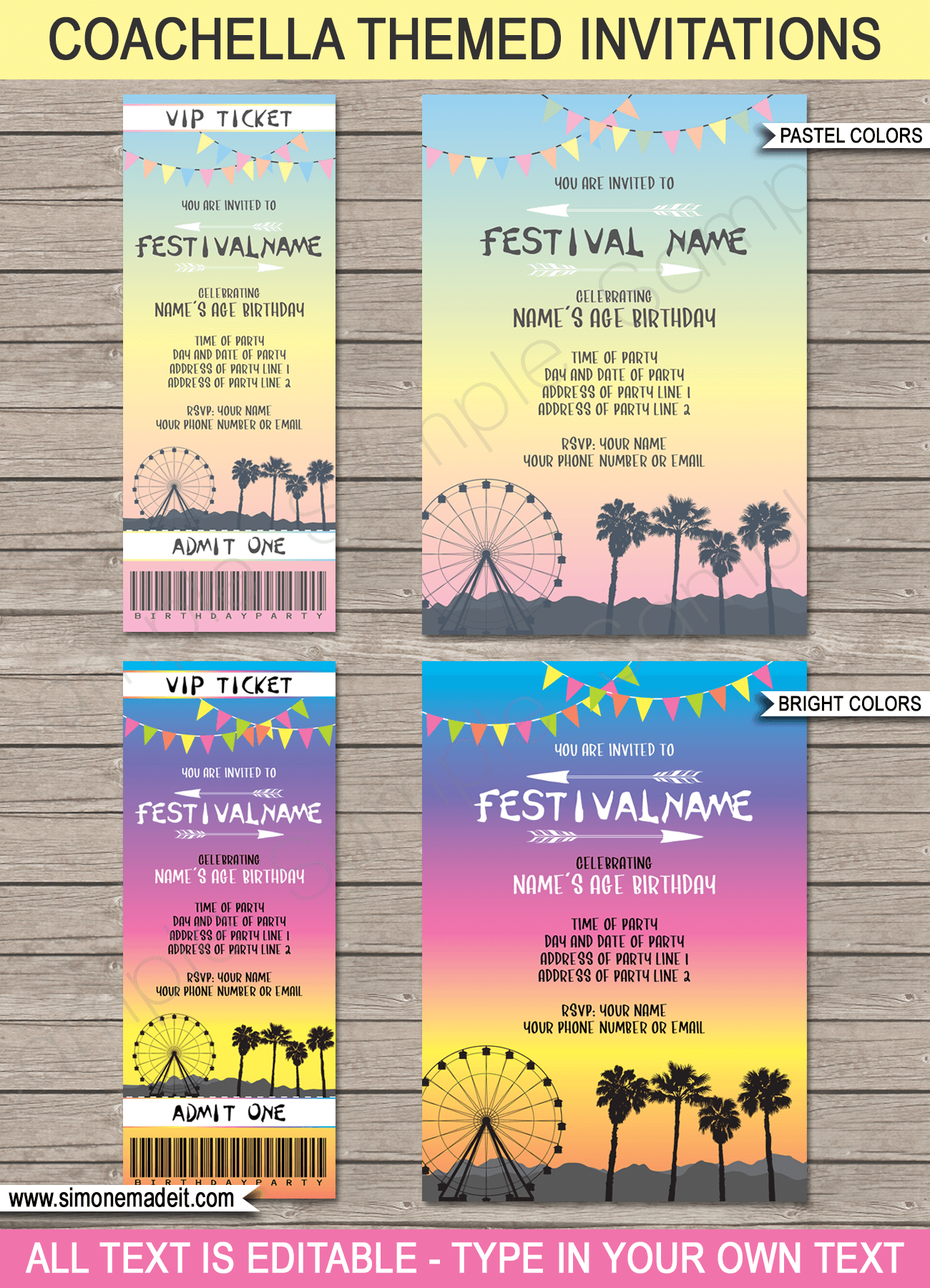 Coachella Birthday Party Invitations | Editable & Printable Templates | Coachella Themed Invites | Coachella Inspired Invites | Music Festival Invites | Ticket Invitations | 5x7 Invitations | Personalized Invitations