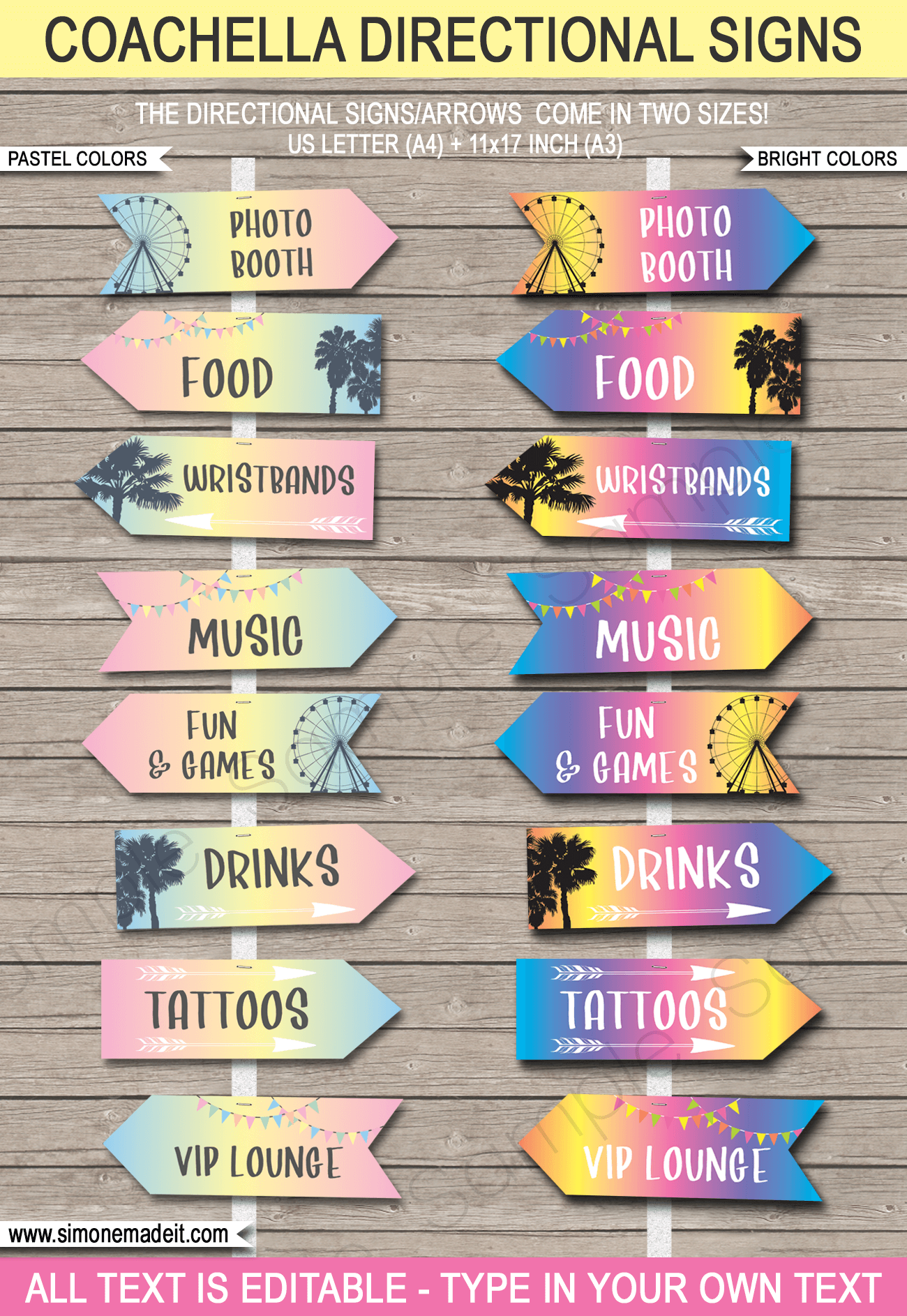 Coachella Birthday Party Decorations | Editable &amp; Printable Templates | Coachella Themed | Coachella Inspired | Music Festival | Directional Signs | Arrows | Welcome