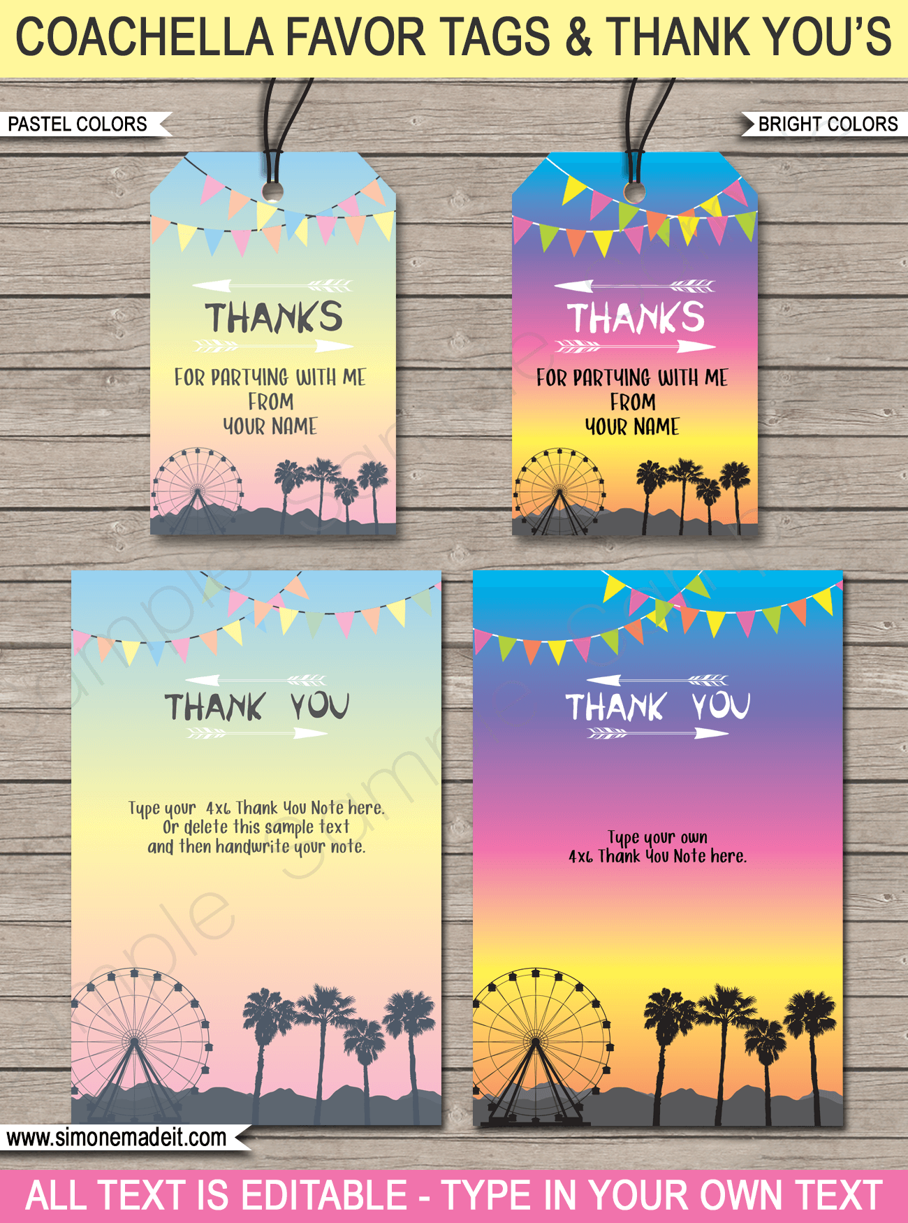 Coachella Birthday Party Favor Tags & Thank You Notes | Editable &amp; Printable Templates | Coachella Themed | Coachella Inspired | Music Festival