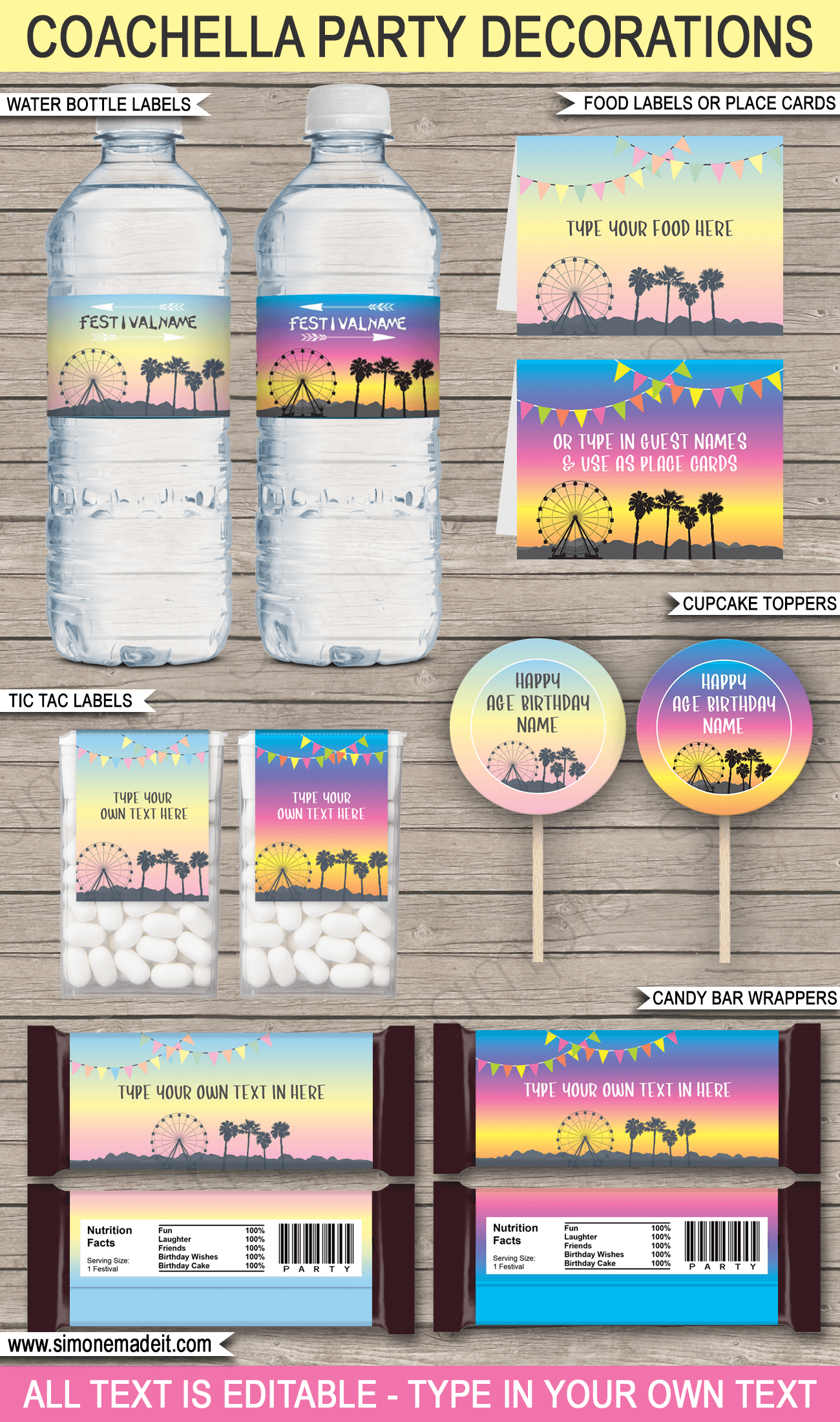 Coachella Birthday Party Food Ideas & Decorations | Editable &amp; Printable Templates | Coachella Themed | Coachella Inspired | Music Festival | Water Bottle Labels, Food Labels, Place Cards, Tic Tac Labels, Cupcake Toppers, Candy Bar Toppers