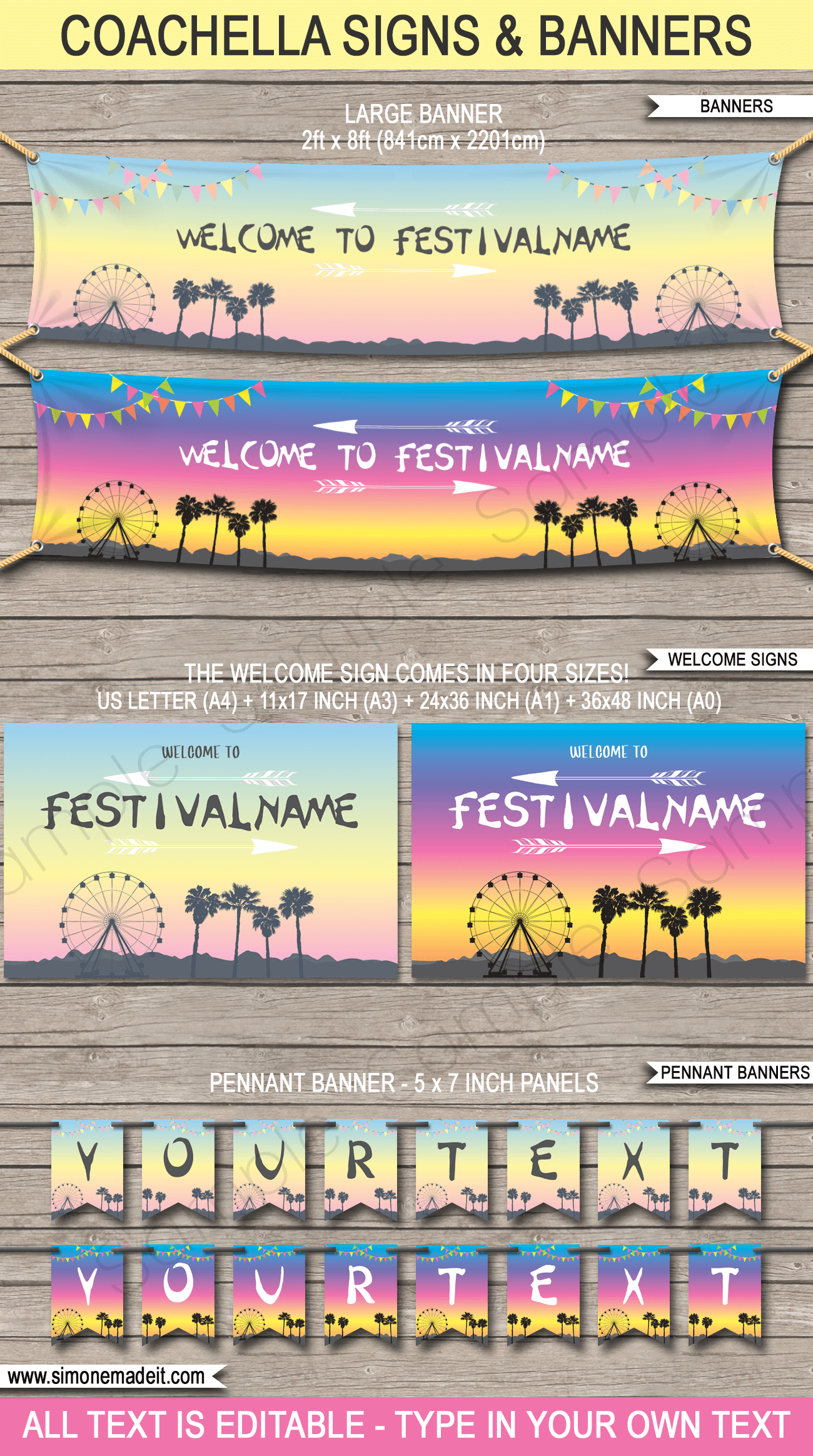 Coachella Birthday Party Decorations | Editable &amp; Printable Templates | Coachella Themed | Coachella Inspired | Music Festival | Banners, Welcome Signs & Pennant Banners