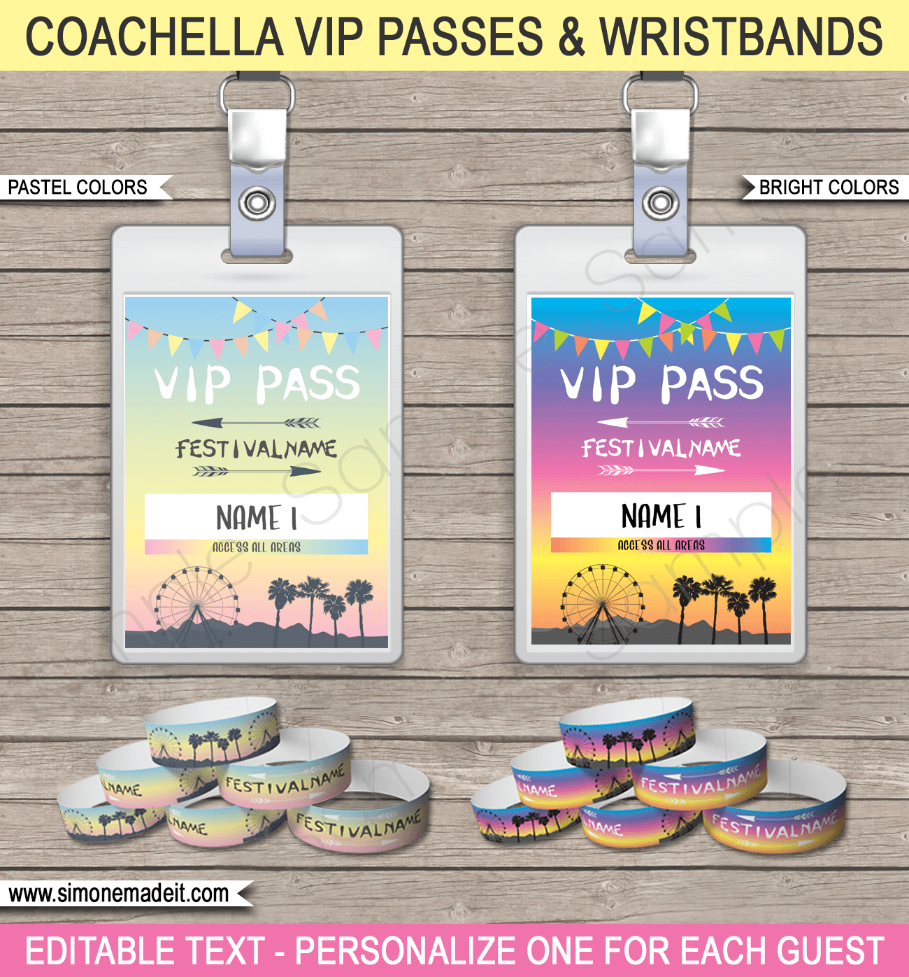 Coachella Birthday Party VIP Passes & Wristbands | Editable &amp; Printable Templates | Coachella Themed | Coachella Inspired | Music Festival | Personalized VIP Passes & Wristbands