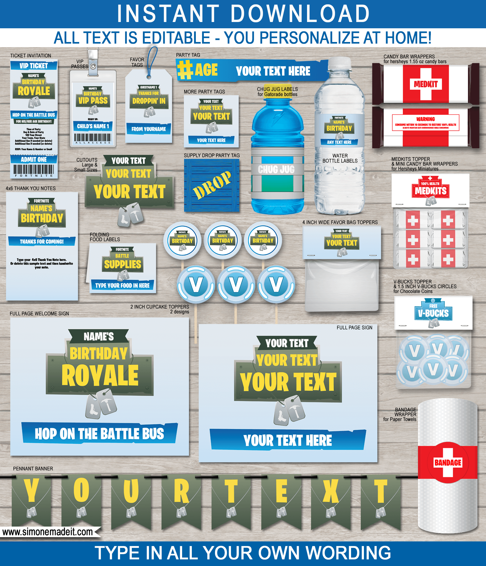 Printable Fortnite Birthday Party Decorations & Invitations | Fortnite Birthday Party Printables | Editable DIY Templates | Medkit, V-Bucks, Supply Drop, Battle Royale, Bandages, Chug Jug, Birthday Royale | INSTANT DOWNLOAD via SIMONEmadeit.com