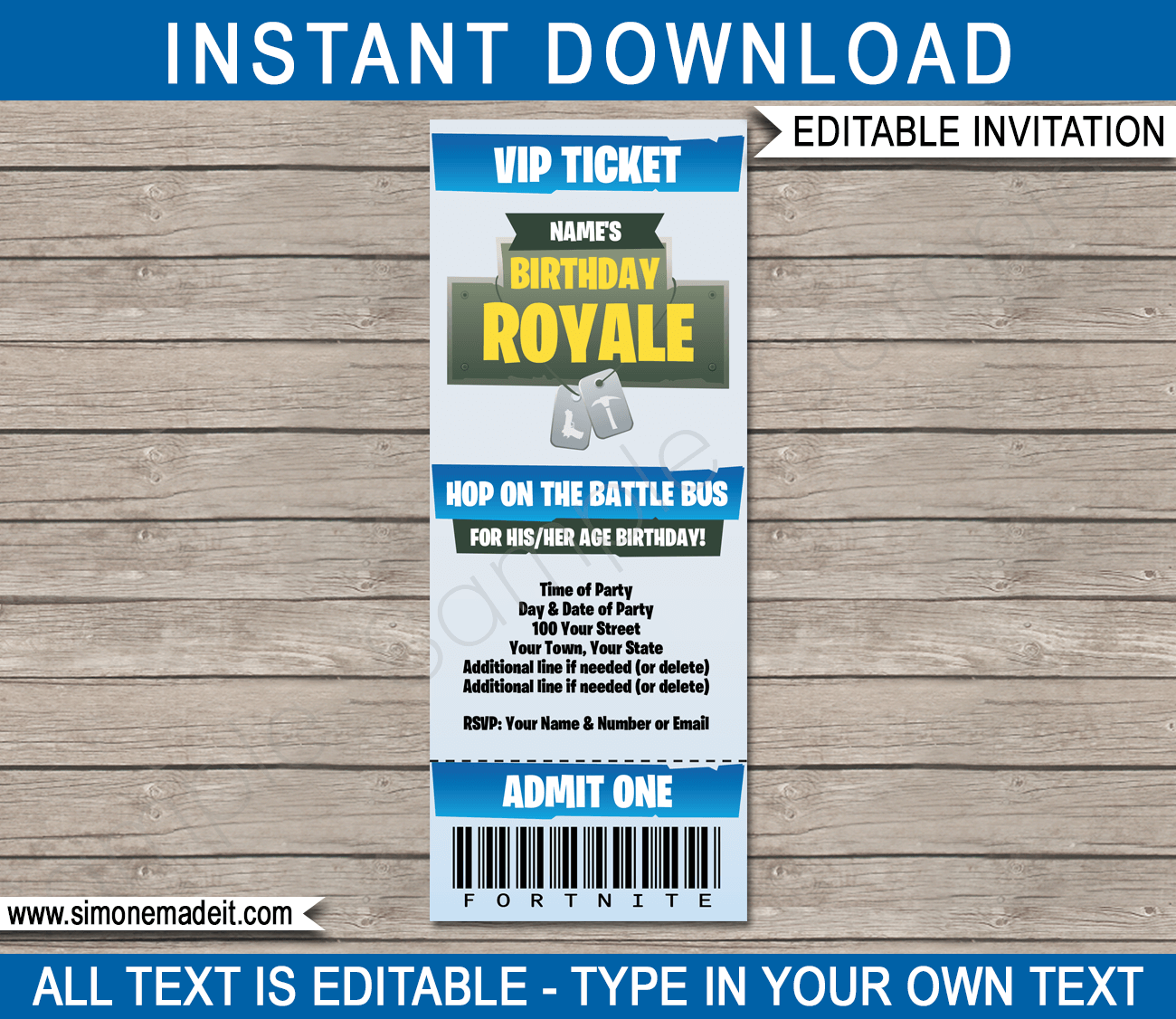 Fortnite Birthday Party Ticket Invitation Template | Fortnite Birthday Invite | Fortnite Theme Party | Editable & Printable Template | INSTANT DOWNLOAD via simonemadeit.com #fortniteparty