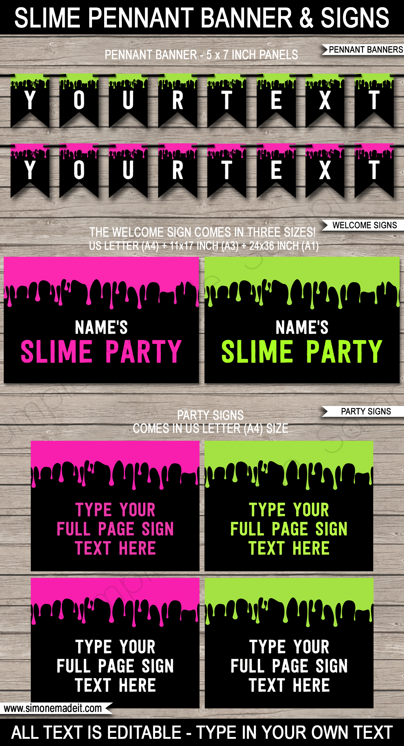 Printable Slime Birthday Party Decorations | Slime Signs | Slime Welcome Signs | Slime Pennant Banner | Editable DIY Templates 
