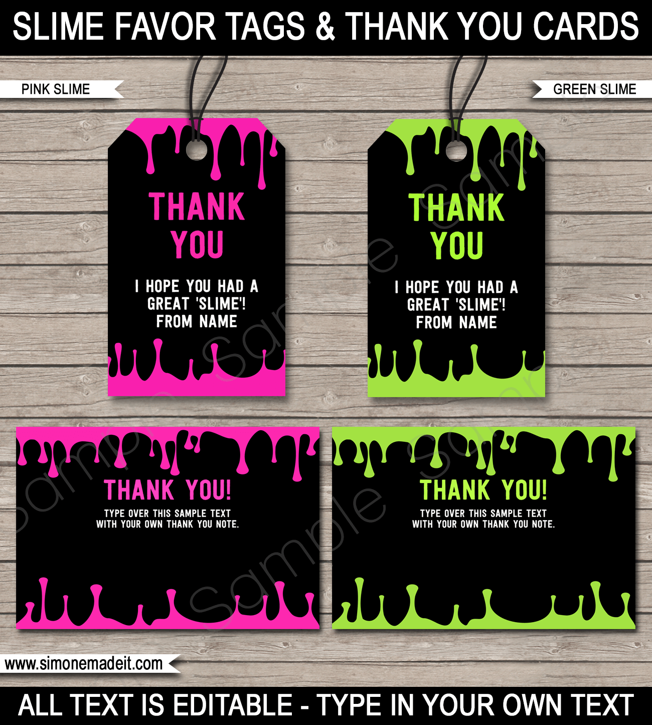 Slime Theme Birthday Party Favor Tags & Thank You Cards | Editable & Printable DIY Templates