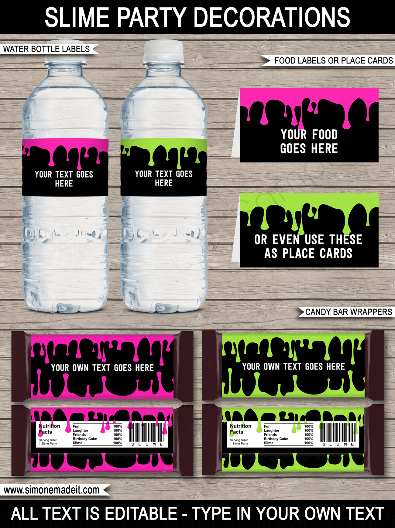 Slime Theme Birthday Party Food Ideas & Decorations | Editable & Printable Templates | Water Bottle Labels, Food Labels, Place Cards, Candy Bar Wrappers