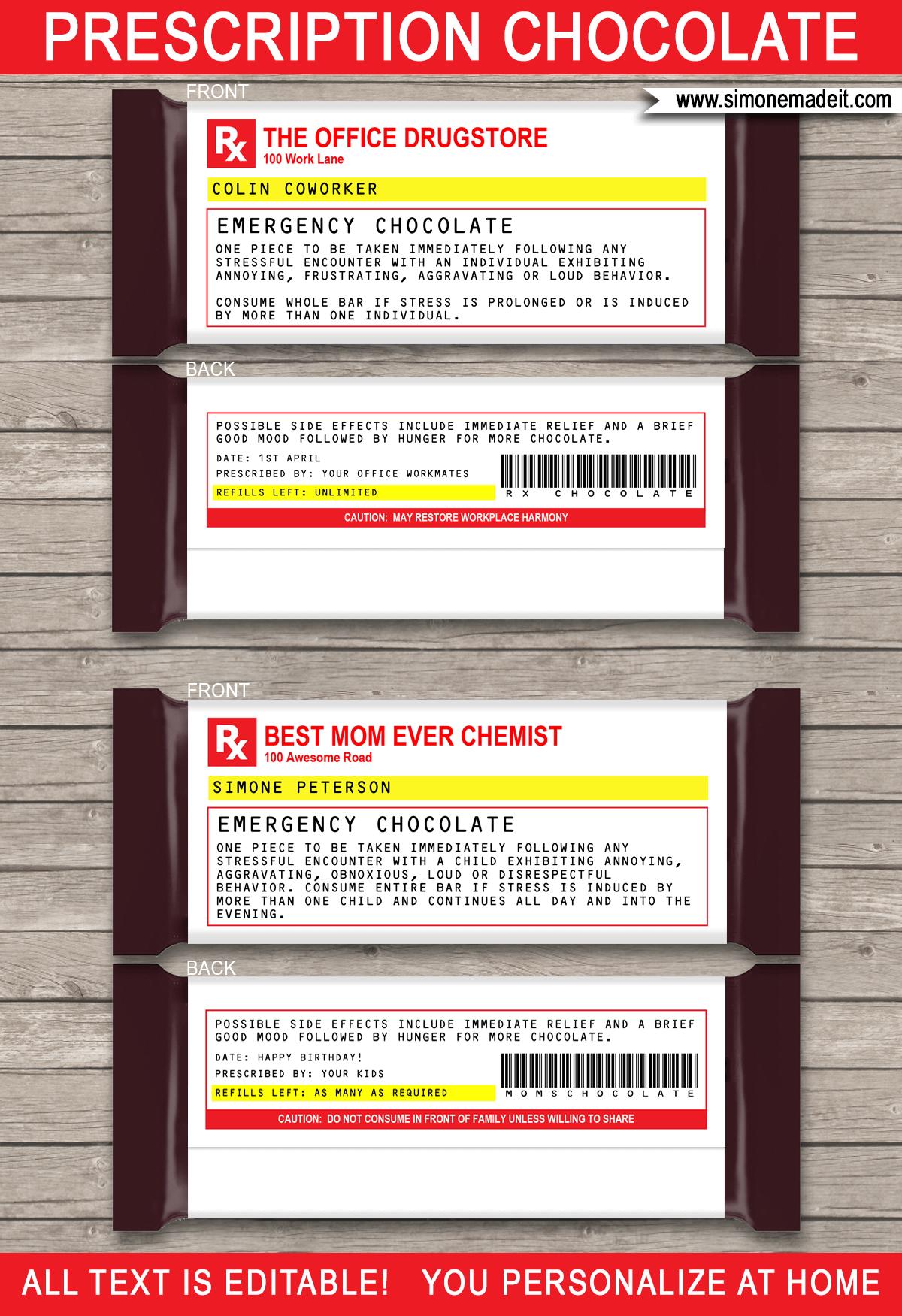 Emergency Chocolate Labels Printable Template - Fake RX Prescription Chocolate - Hersheys Candy Bar Wrappers - Birthday gift, Christmas gift, Secret Santa gift, Office Coworker gift, gift for any occasion - INSTANT DOWNLOAD via simonemadeit.com