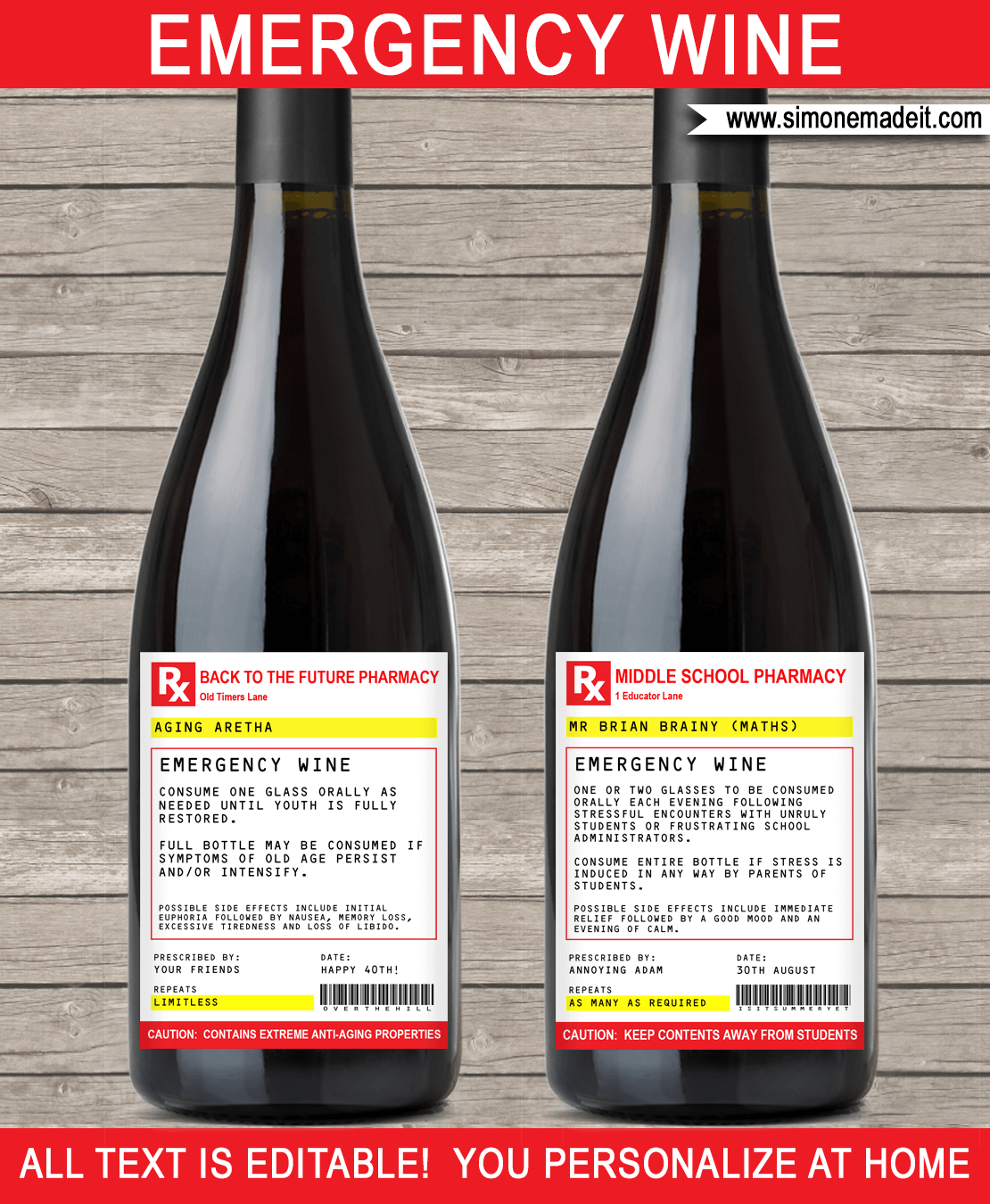 Prescription Wine Labels | Emergency Wine Labels | Printable Template - Birthday gift, Christmas gift, Secret Santa gift, Office Coworker gift, gift for any occasion
