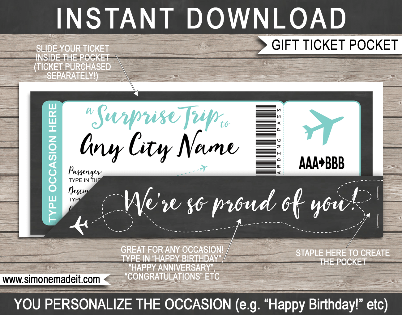 Printable Plane Ticket Pocket Sleeve for Gift Boarding Passes