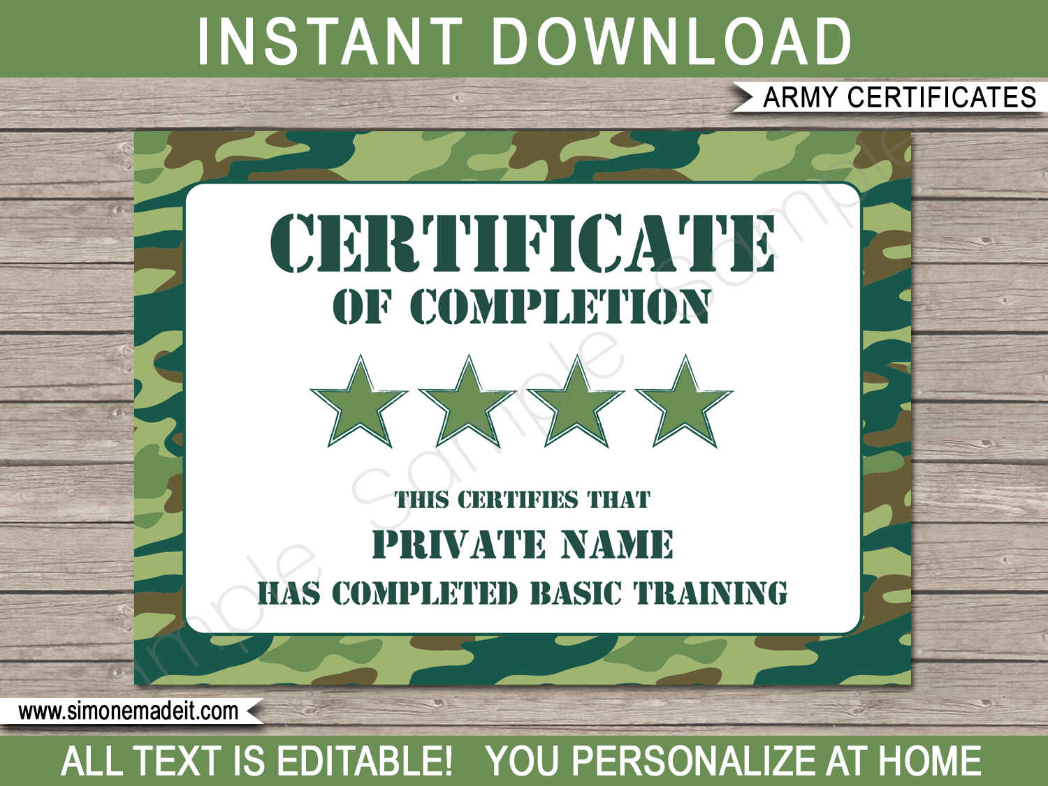 Army Certificate Template - Green Camo | Certificate of Completion of Boot Camp or Basic Training | DIY Editable & Printable Template | Army Theme Birthday Party | $3.00 INSTANT DOWNLOAD via simonemadeit.com