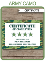 Printable Army Certificate Template - Green Camo | Certificate of Completion of Boot Camp or Basic Training | DIY Editable Template | Army Theme Birthday Party | $3.00 INSTANT DOWNLOAD via simonemadeit.com