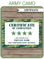 Printable Army Certificate Template - Green Camo | Certificate of Completion of Boot Camp or Basic Training | DIY Editable Template | Army Theme Birthday Party | $3.00 INSTANT DOWNLOAD via simonemadeit.com