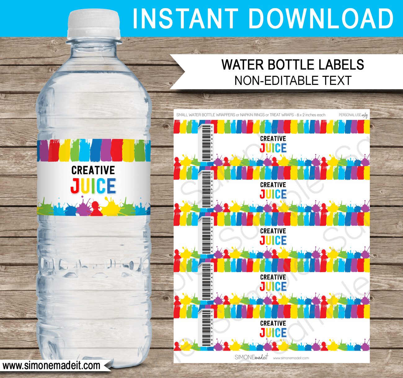 Art Party Water Bottle Labels Template | Creative Juice | Paint or Art Birthday Party | DIY Editable & Printable Template | $3.00 INSTANT DOWNLOAD via SIMONEmadeit.com