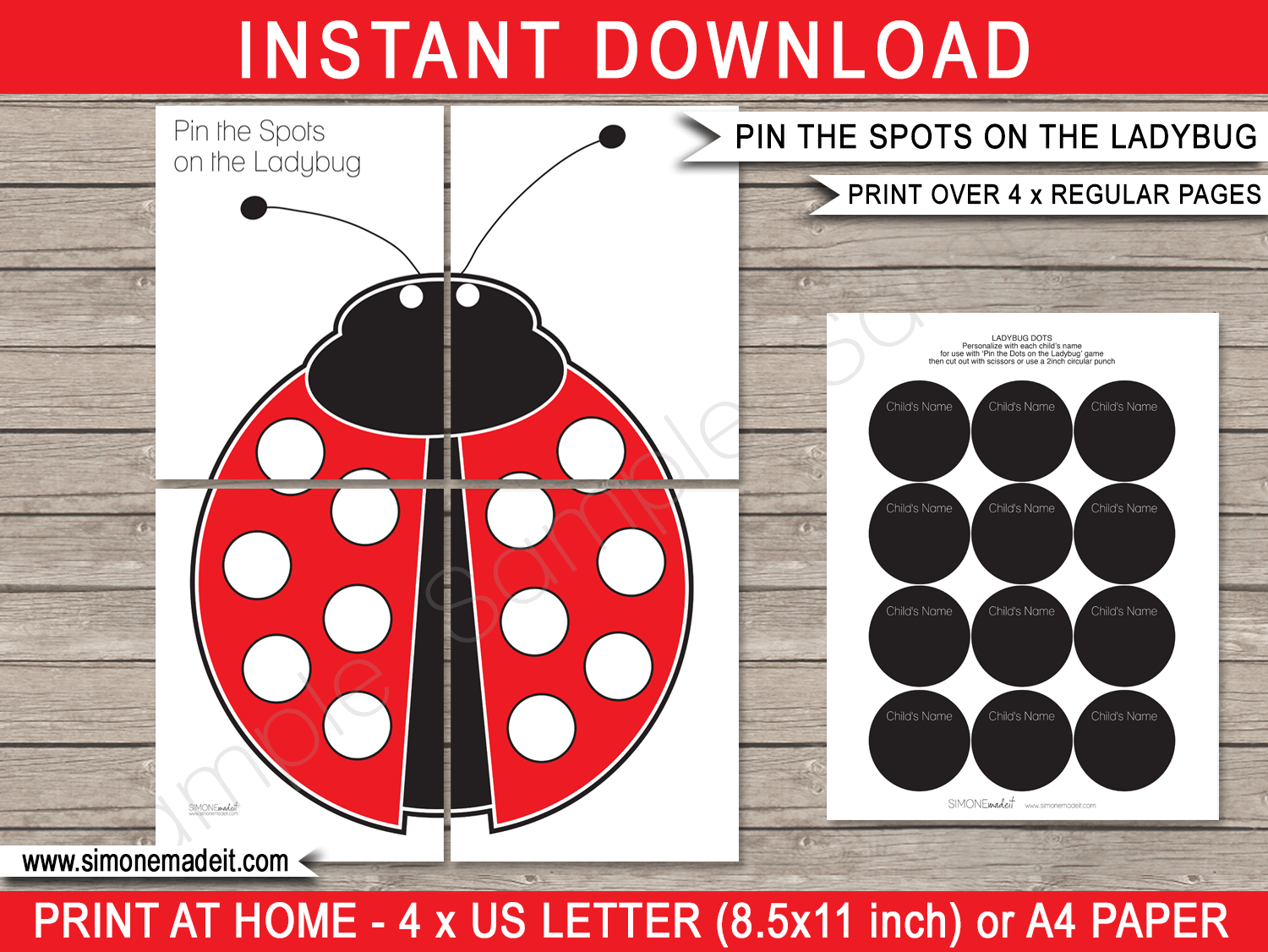 Printable Pin the Spots on the Ladybug Party Game Template | Ladybird Birthday Party Games | DIY Print at Home |  INSTANT DOWNLOAD via simonemadeit.com