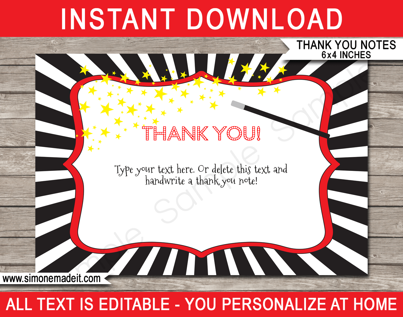 Printable Magic Party Thank You Cards Template - Magic Birthday theme - Editable Text - Instant Download via simonemadeit.com