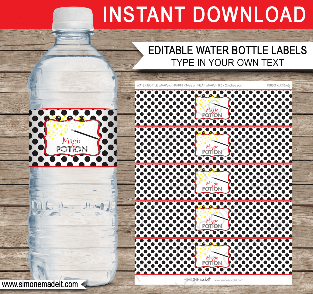 Printable Magic Party Water Bottle Labels Template | Magic Potion | Birthday Party Decorations | DIY Editable Text | $3.00 INSTANT DOWNLOAD via SIMONEmadeit.com