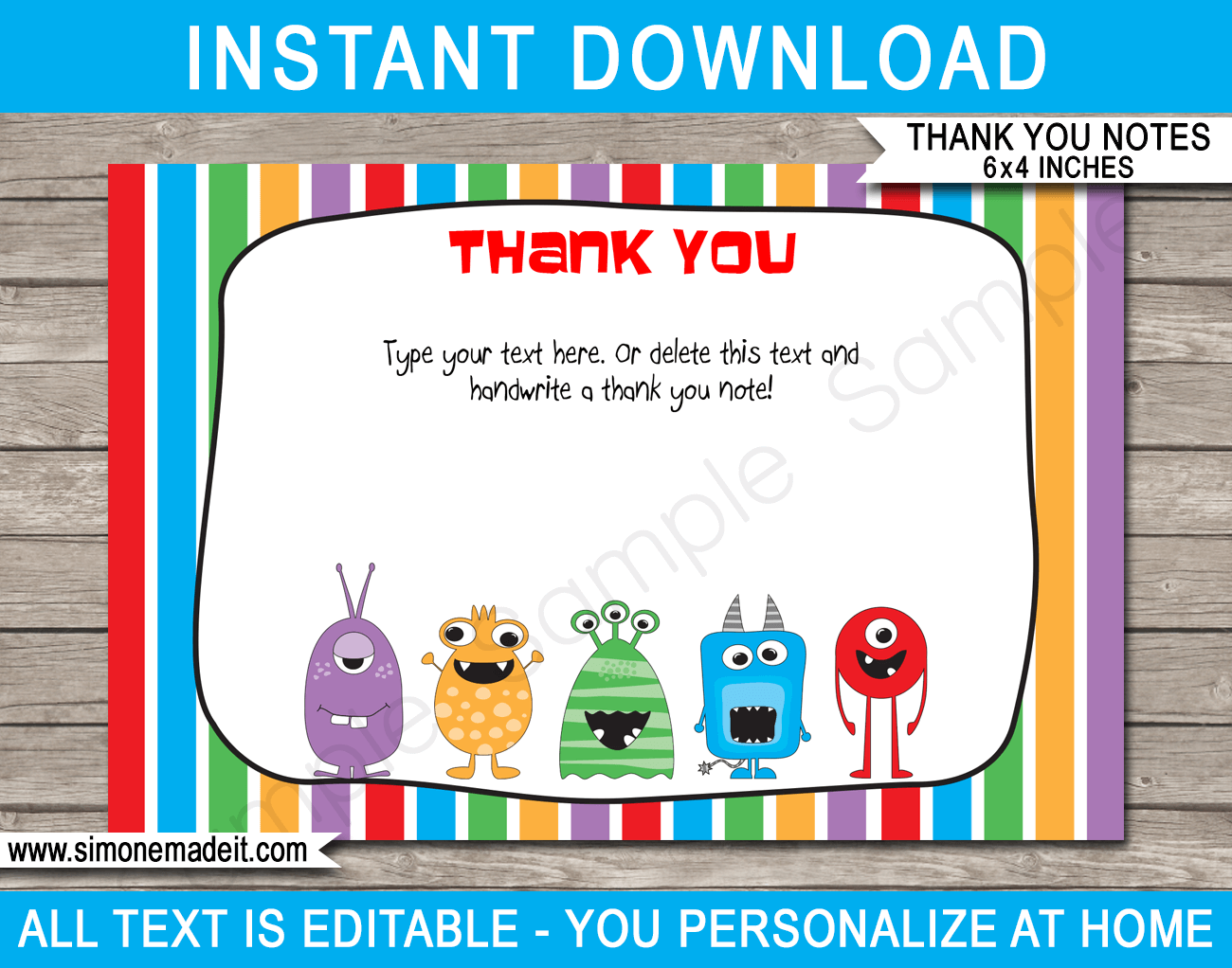 Printable Monster Thank You Cards Template - Monster Birthday Party theme - Editable Text - Instant Download via simonemadeit.com