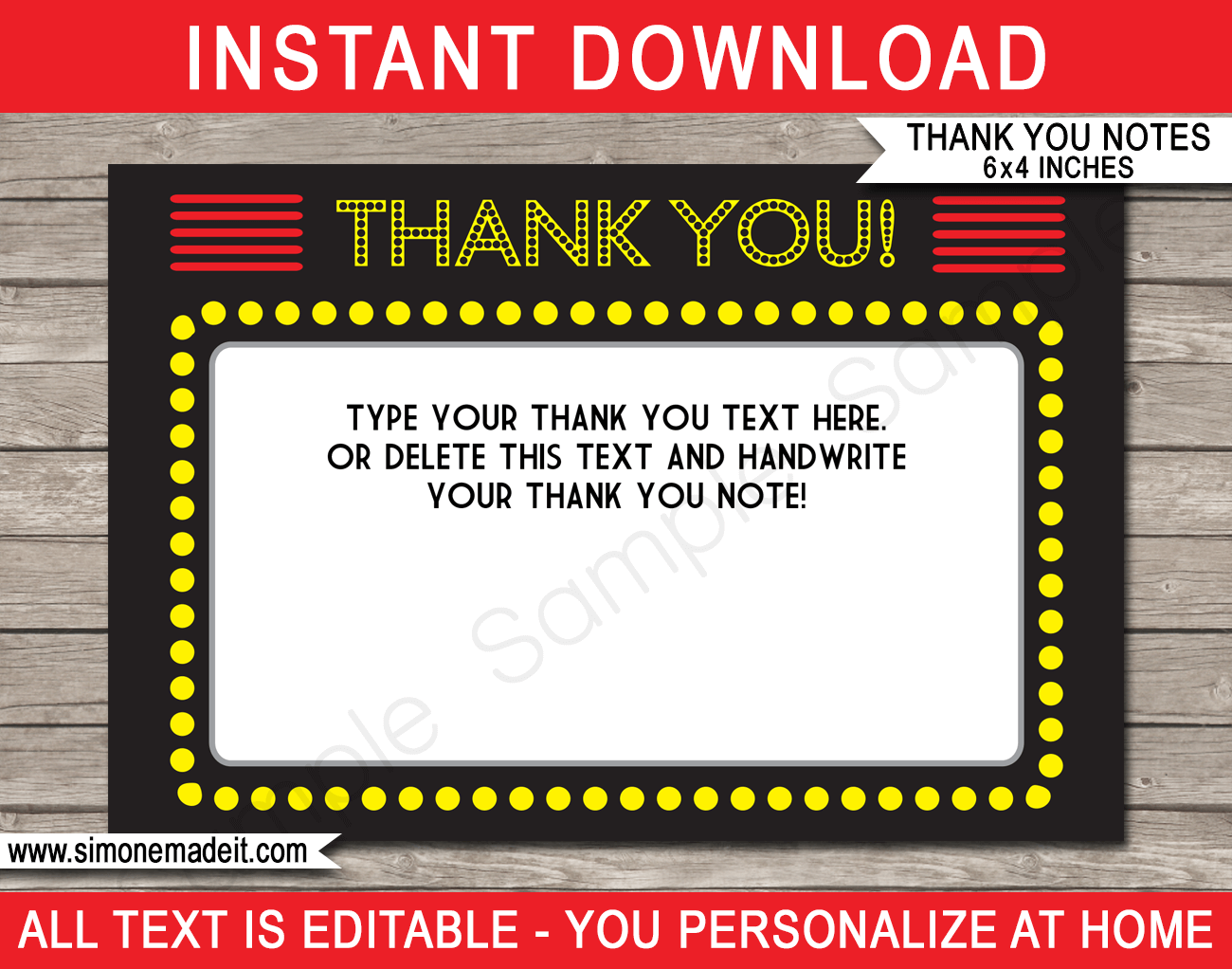 Printable Movie Thank You Cards Template - Movie Night Birthday Party theme - Editable Text - Instant Download via simonemadeit.com