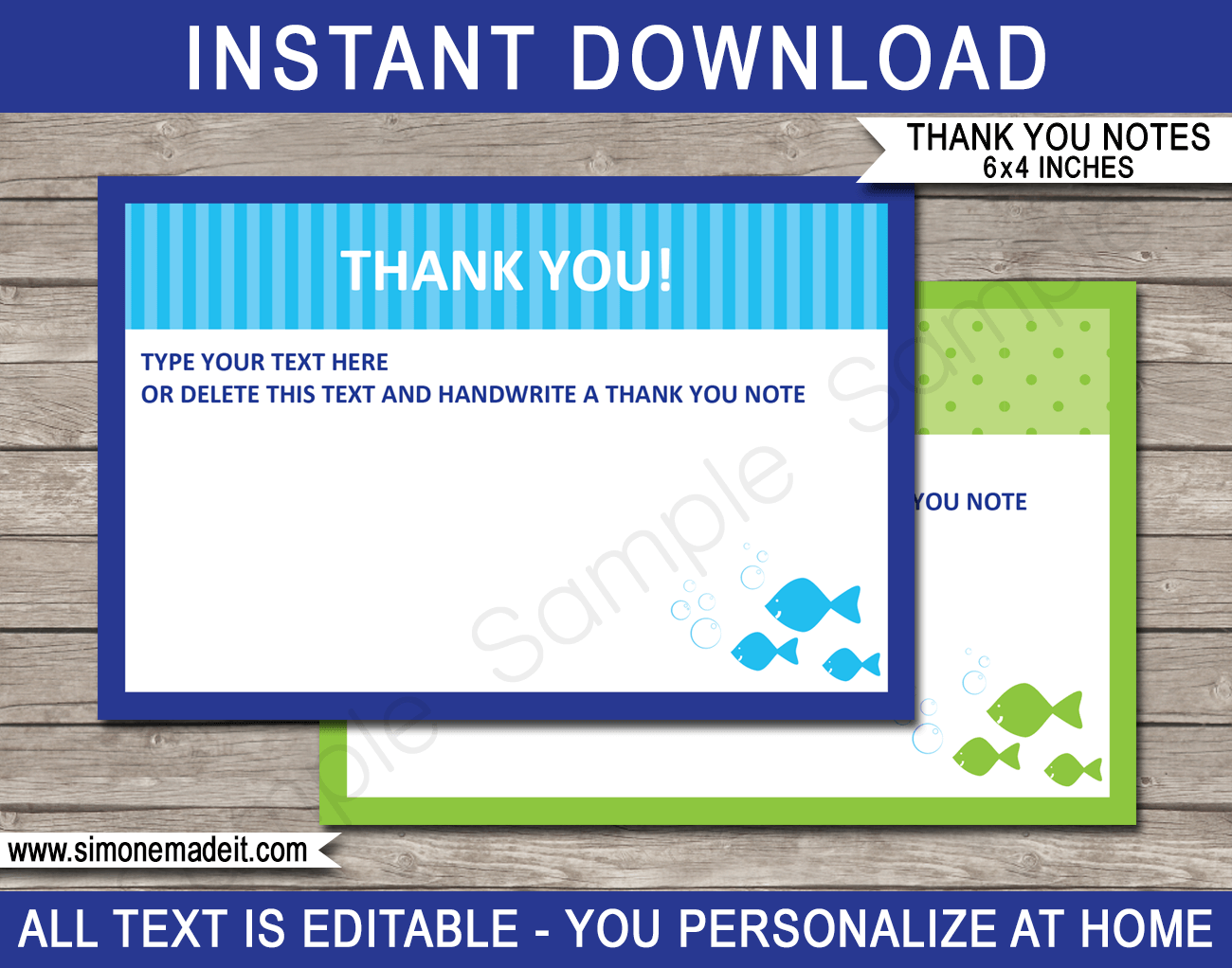 Printable Under The Sea Party Thank You Note Cards - DIY Editable Template - via SIMONEmadeit.com