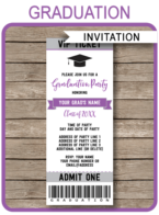 Editable & Printable Purple & Gray Silver Graduation Ticket Invitation Template