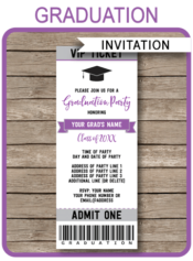 Editable & Printable Purple & Gray Silver Graduation Ticket Invitation Template