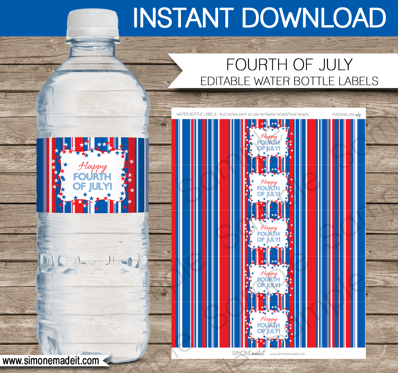 Printable Fourth of July Water Bottle Labels Template | July 4th Party Decorations | DIY Editable Text | INSTANT DOWNLOAD via SIMONEmadeit.com