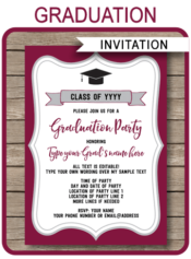 Editable & Printable Burgundy & Gray Silver Graduation Invitation Template