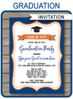 Editable & Printable Navy Blue & Orange Graduation Invitation Template