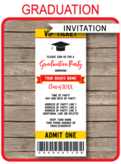 Editable & Printable Red & Gold Graduation Ticket Invitation Template