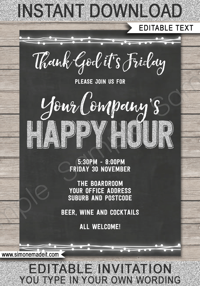 Happy Hour Invitation template chalkboard silver glitter 1