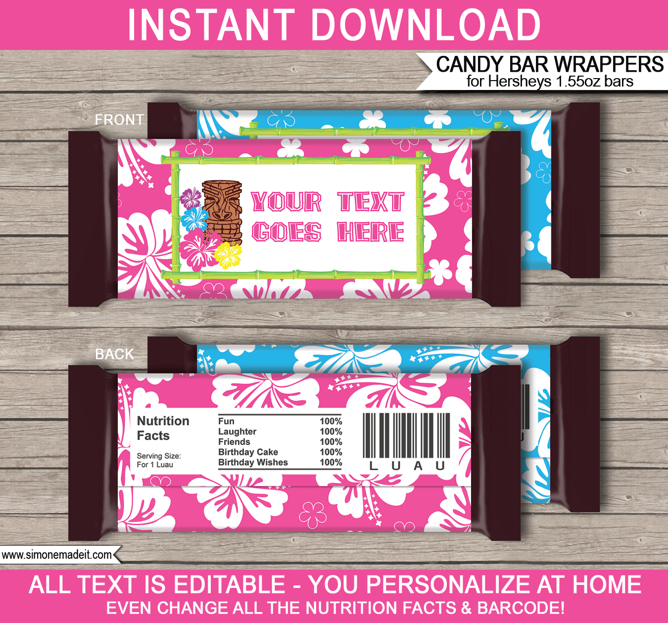 Personalized Luau Candy Bar Wrappers,Hawaiian Luau Candy Bar Wrapper with photo,Aloha Birthday,Pool Party,Digital File