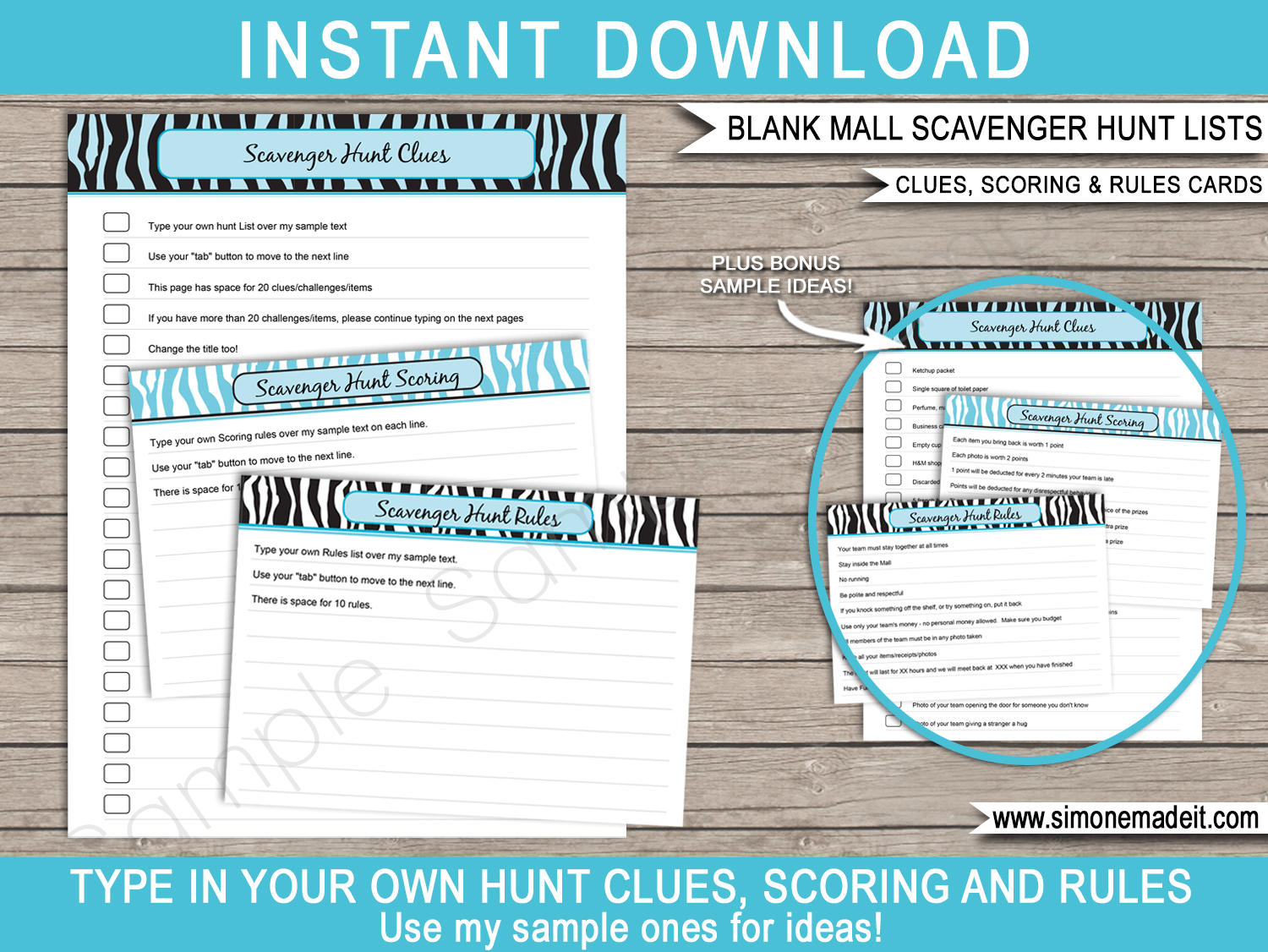 Printable Mall Scavenger Hunt Party Clues, Challenges, Scoring & Rules templates | Games & Activities | Mall Crawl | Shopping Party | DIY Editable Text | INSTANT DOWNLOAD via simonemadeit.com