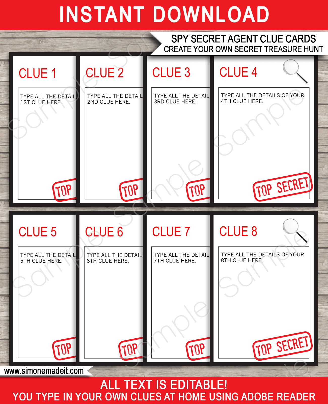 Printable Spy Treasure Hunt Clue Cards Template | Spy Party Games | Secret Agent Theme Birthday Party | classroom Activities | DIY Editable Text | Instant Download via SIMONEmadeit.com