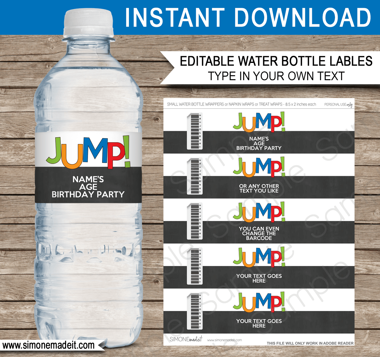 Printable Trampoline Party Water Bottle Labels Template | Birthday Party | Printable Decorations | DIY Editable Text | INSTANT DOWNLOAD via SIMONEmadeit.com