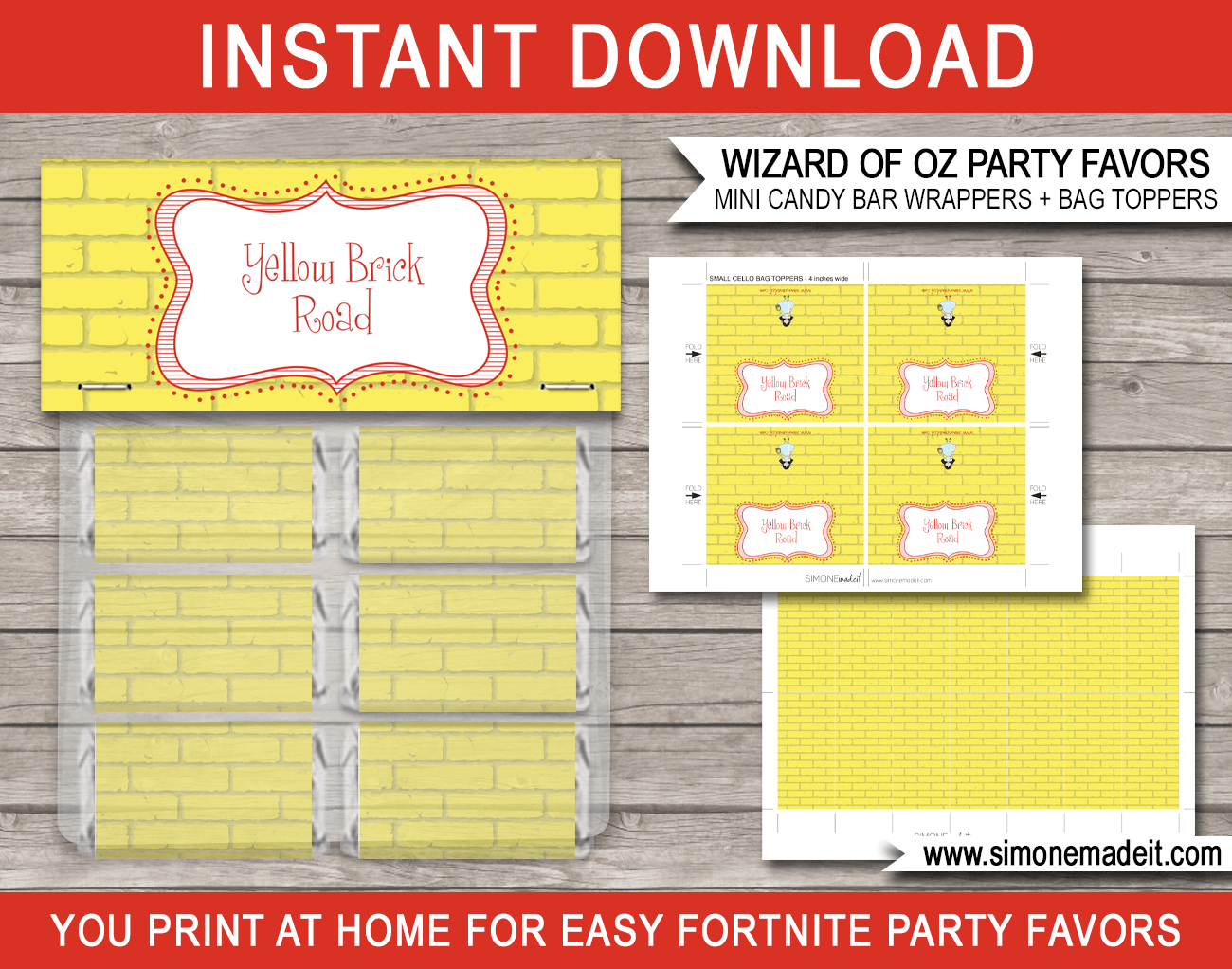 Wizard of Oz Yellow Brick Road Printable Party Favors | Wizard of Oz Favor Bag Toppers & Yellow Brick Road Mini Candy Bar Wrappers | Birthday Party Favors | DIY Printable Templates | INSTANT DOWNLOAD via SIMONEmadeit.com #yellowbrickroad #wizardofozparty