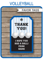 Printable Volleyball Favor Tags Template | Thank You Tags | Blue | DIY Editable Text | Birthday Party, Club Team Party or Coach Gift | Instant Download