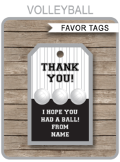 Silver Gray Printable Volleyball Thank You Tags Template | Favor Tags | DIY Editable Text | Birthday Party, Club Team Party, Coach Gift Tags | Instant Download