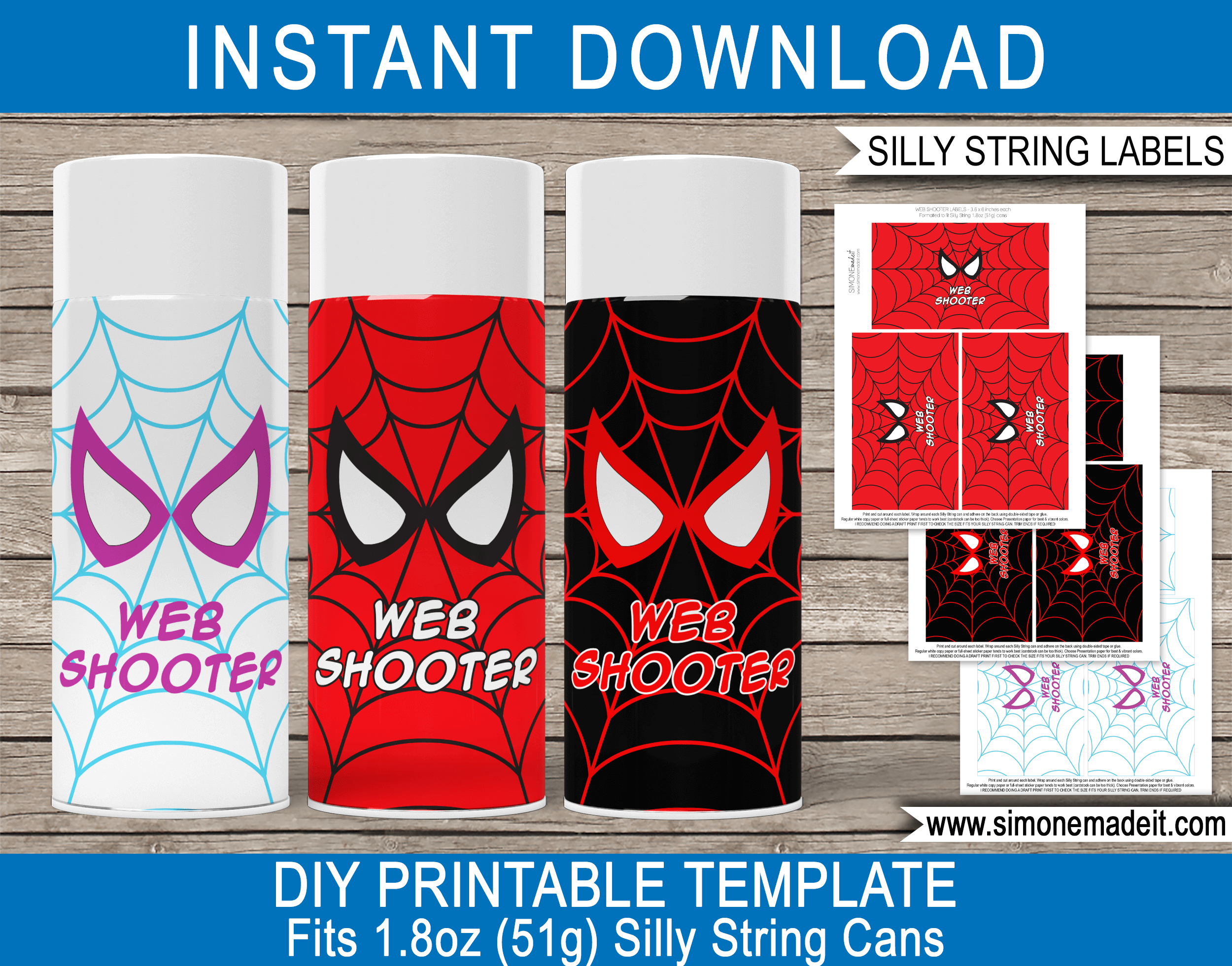 Printable Spiderman Web Shooter Silly String Labels Template Bundle | Spiderman, Miles Morales, Gwen Ghost Spider | Superhero Birthday Party Games, Activities & Favors | DIY Spider Web Template | Goofy String | via SIMONEmadeit.com
