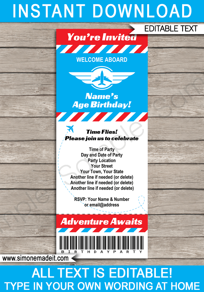 Boarding Pass Invitation for kids airplane birthday party