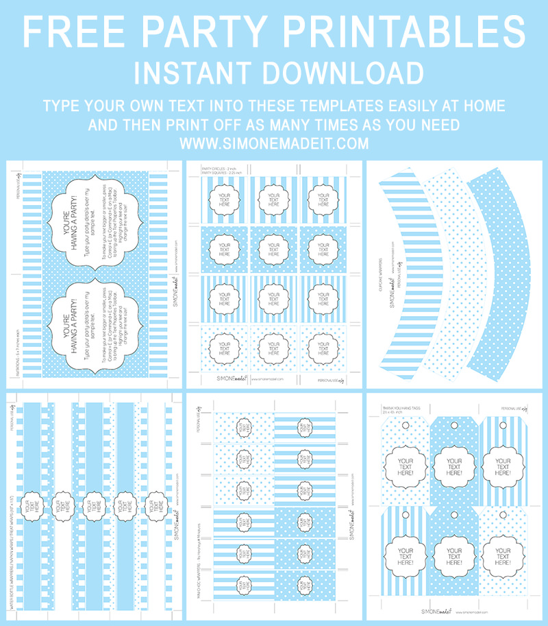 Free Pale Blue Party Printables! Editable & Printable Mini Party Collection | Instant Download Templates | via SIMONEmadeit.com