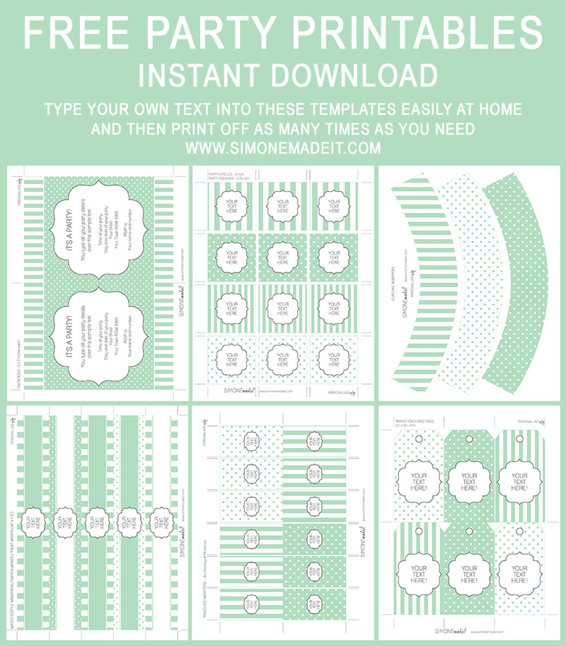 Free Pale Green Party Printables! Editable & Printable Mini Party Collection | Instant Download Templates | via SIMONEmadeit.com