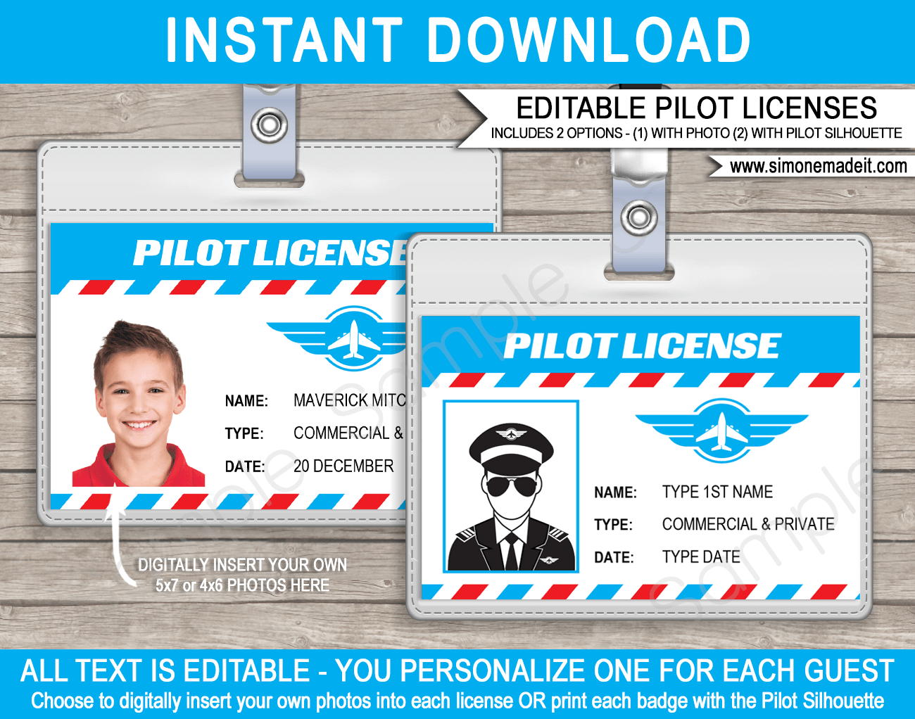 Printable Airplane Theme Party Pilot License Template | Top Gun Birthday Party Decorations, Games and Favors