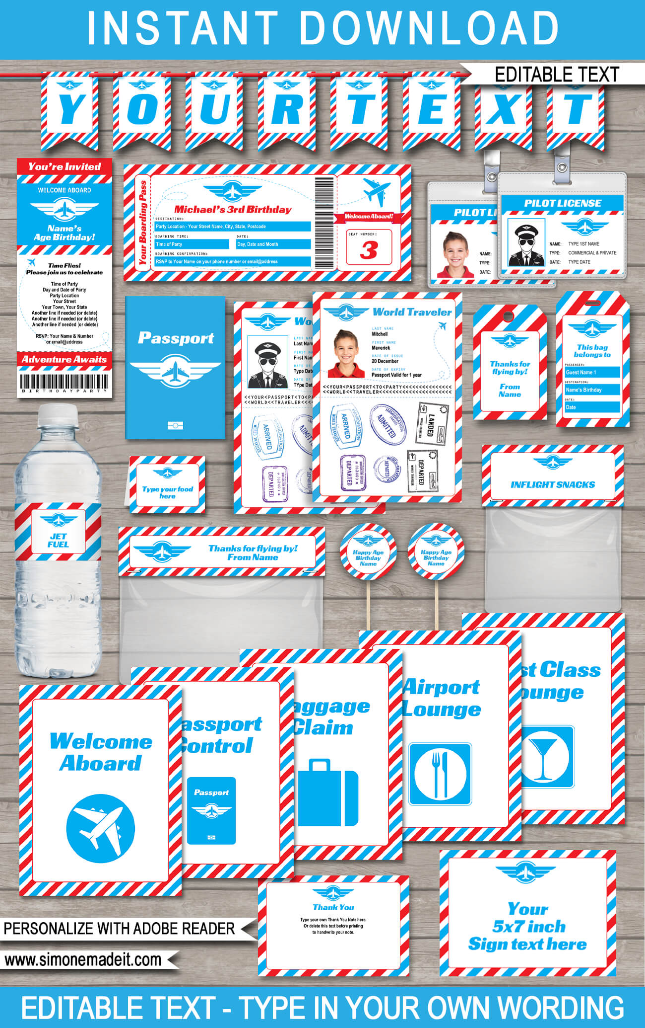 Prinatble Airplane Boarding Pass Invitation with Passport | Top Gun Theme Party Decorations | Birthday Party Theme | DIY Editable Plane Birthday Party Theme Template Bundle | Package, Pack, Kit, Set Collection