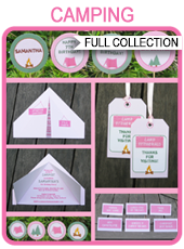 Camping Party Printables, Invitations & Decorations – pink