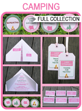 Camping Party Printables, Invitations & Decorations – pink