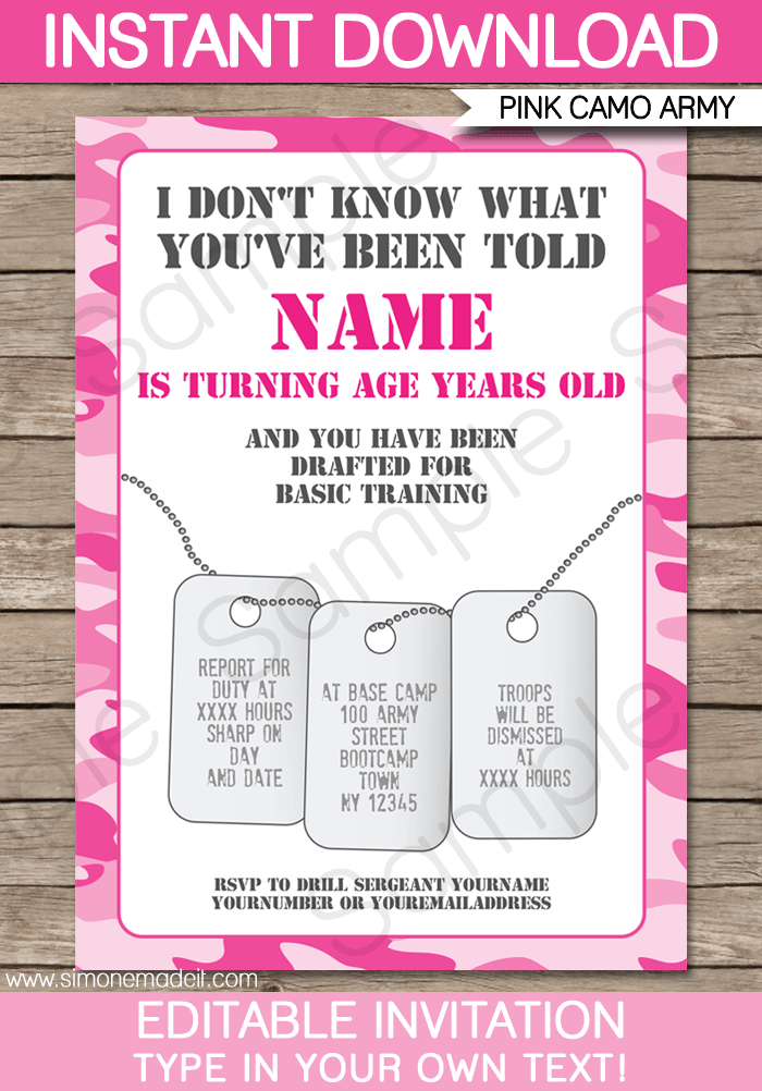 Pink Camo Party Invitations | Girls Army | Birthday Party | Editable DIY Theme Template | INSTANT DOWNLOAD $7.50 via SIMONEmadeit.com