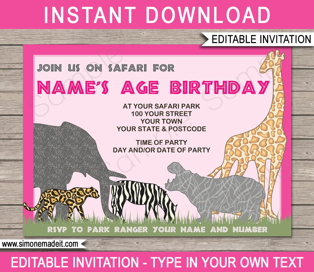Safari Party Invitations in Pink | Birthday Party | Editable DIY Theme Template | INSTANT DOWNLOAD $7.50 via SIMONEmadeit.com